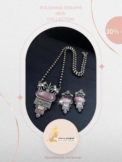 This is my 'Polishing Dreams' oxidized necklace set in a lovely pink shade. The set includes a statement pendant necklace and matching earrings, perfect for a coordinated ethnic look.