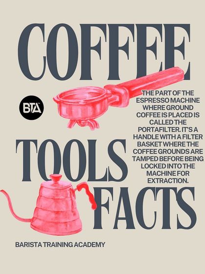 A "Coffee Tools Facts" graphic explaining the portafilter, the part of the espresso machine that holds the ground coffee.