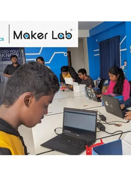 Students at our HSR Maker Lab are hard at work, each focused on their individual laptops and kits. This setup allows for personalized learning while still being part of an energetic group environment.