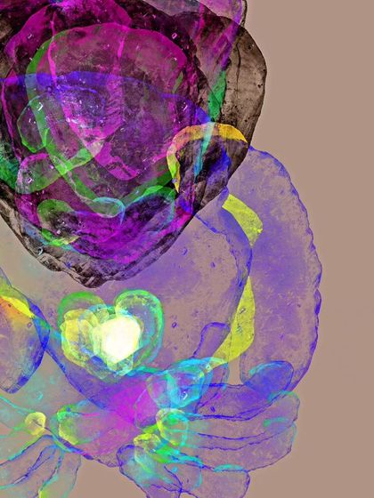"Abstract 2," a colorful and layered digital painting. This piece explores the idea of a glowing heart at the center of a complex, multi-hued form.