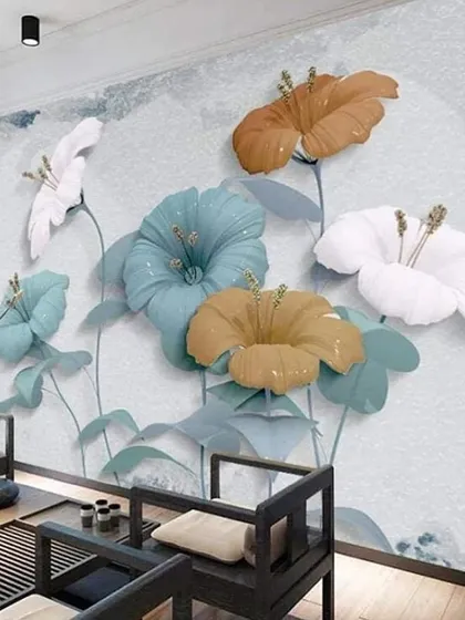 A beautiful 3D wallpaper featuring colorful flowers in pastel shades of blue, yellow, and white. This design adds a soft and artistic touch to the room.