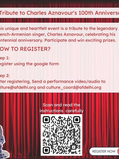 Instructions on how to register for our Charles Aznavour singing contest. Participants can submit a video or audio of their performance for a chance to perform on stage.