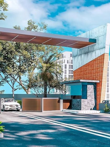 The entrance gate design for the 'Green Edge Casero' project. I used a mix of brick, concrete, and a cantilevered roof to create a modern and impressive entry point for the residential community.