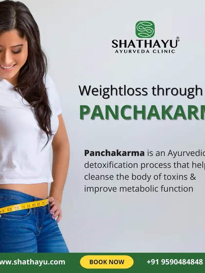 This image shows a client happily measuring her waist, symbolizing the results of weight loss through Panchakarma. This detoxification process cleanses toxins and improves metabolic function, leading to sustainable weight management.