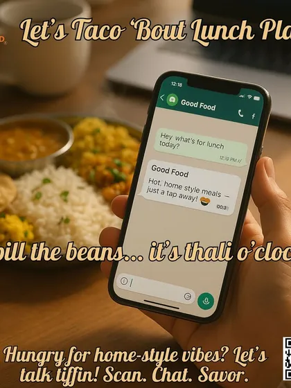 Hungry for home-style vibes? Our service is as easy as a chat. This image shows how simple it is to get a hot thali delivered, just a tap away.