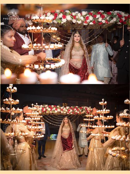 A collage capturing the bride's grand entrance, surrounded by attendants holding candles, creating a magical and royal pathway.