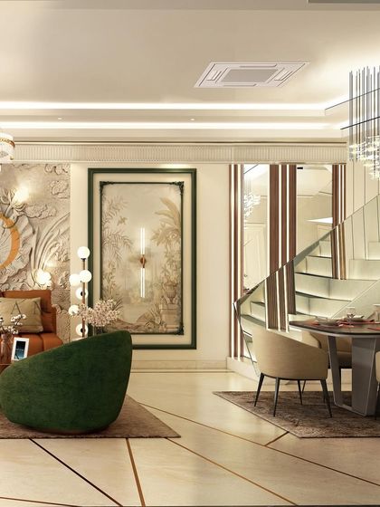 This shot captures the grandeur of the duplex living area, with a floating staircase, double-height ceiling, and large art pieces.