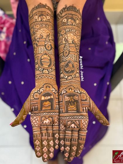 A full view of the figure-free bridal mehendi, featuring sacred fire (havan) and kalash motifs on the palms.