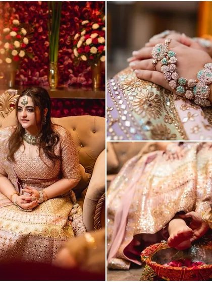 Your wedding story is in the details. This collage captures the essence of a Kashmiri 'Saath Mainz' ceremony, from the bride's beautiful portrait to the close-ups of the 'haathphool' jewelry and the sacred ritual of washing her feet.