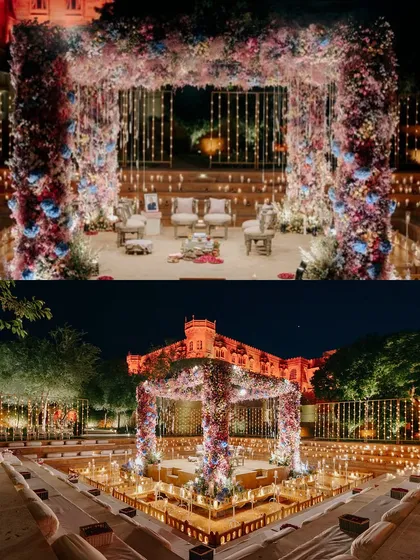 A mandap that blooms. Set in the iconic courtyard of Suryagarh, Jaisalmer, this structure was covered in a stunning palette of rich greens, lavenders, and pinks. Surrounded by hundreds of candles, it was a magical setting for a royal desert wedding.