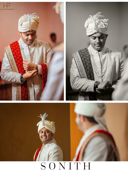 A collage of the groom, Sonith, getting ready, captured in both color and black and white.