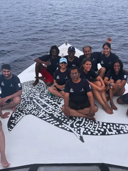 The whole crew on the whale shark-themed boat in Dhigurah. A perfect photo op to remember an amazing trip.