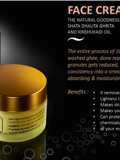 This graphic explains the benefits of my face cream, which contains Shata Dhauta Ghrita and Kinshukadi Oil to remove sun tan and lighten dark spots.