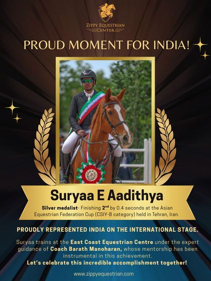 A graphic celebrating Suryaa E Aadithya, trained by our coach Barath Manoharan, for winning a silver medal at the Asian Equestrian Federation Cup in Iran.
