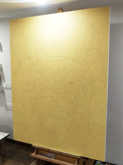 The very beginning of something big. This is the initial pencil sketch on a large, toned canvas for my first floral painting of 2020.