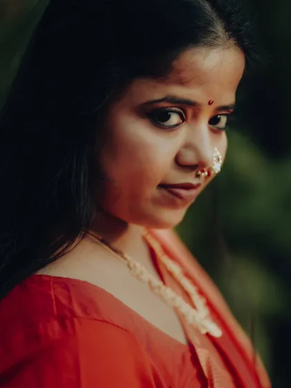 A stunning close-up portrait of Neelam. Her traditional Maharashtrian nose ring and gentle expression make this a timeless and beautiful pre-wedding photograph.