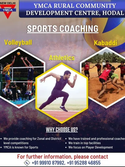 At our Rural Community Development Centre in Hodal, we focus on nurturing competitive talent. This poster highlights our expert coaching for Volleyball, Athletics, and Kabaddi, specifically designed to prepare athletes for Zonal and District level competitions.