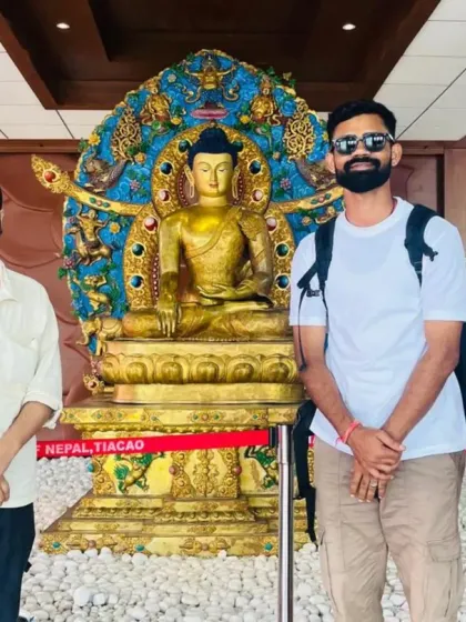 Arriving in Nepal, welcomed by a beautiful statue of Lord Buddha at the Kathmandu airport. The spiritual journey begins the moment we land.