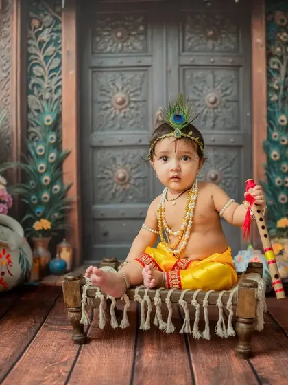 A serene portrait of a younger baby as Krishna, sitting on a cot and holding his flute.