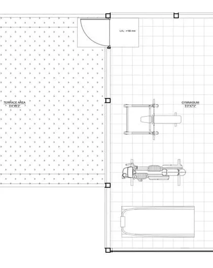 This is a sample floor plan for a backyard pod configured as a private gymnasium. Our modular designs can be customized to fit specific equipment and uses, from treadmills and weight benches to yoga mats and art tables.