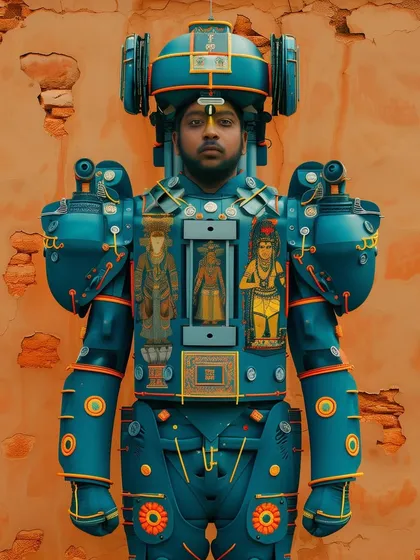A Yuntriksh pilgrim in a blue and orange suit, with religious iconography visible inside the chest cavity. This directly links their technology to their faith.
