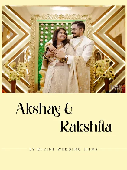 A classic portrait of the newly married couple, Akshay and Rakshita, set against a modern, elegant backdrop.