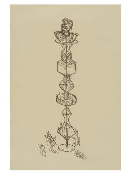 'Potentate', an etching by Gulammohammed Sheikh, depicting a totem-like figure.
