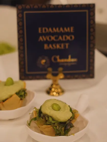 When Avocado met Edamame. These bite-sized baskets feature a creamy avocado and edamame mousse in a crispy wonton cup, a refreshing and elegant appetizer.
