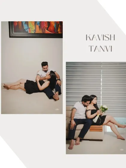 A two-photo collage showing the couple in intimate and relaxed poses inside a modern home, capturing their comfortable love.