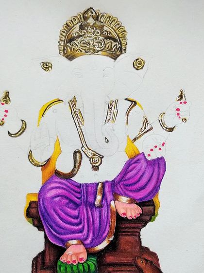 A clearer shot of the Ganesha WIP, showing the progress on the clothing and golden ornaments against the blank upper body.