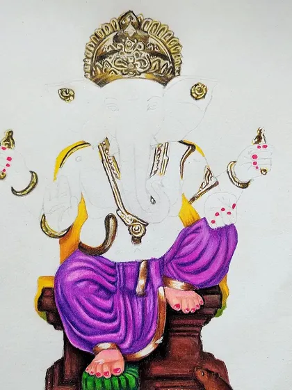 A clearer shot of the Ganesha WIP, showing the progress on the clothing and golden ornaments against the blank upper body.