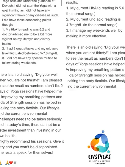 The results speak for themselves. This client saw significant improvements in their HbA1c and uric acid levels after starting my integrated yoga and strength program. This is proof that a consistent, holistic lifestyle change can manage and even reverse chronic conditions.