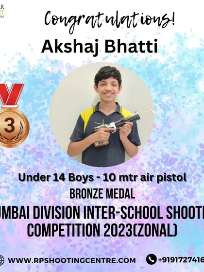 We congratulate Akshaj Bhatti for securing a bronze medal in the Under 14 Boys 10m air pistol event at the Mumbai Division Inter-School Shooting Competition.