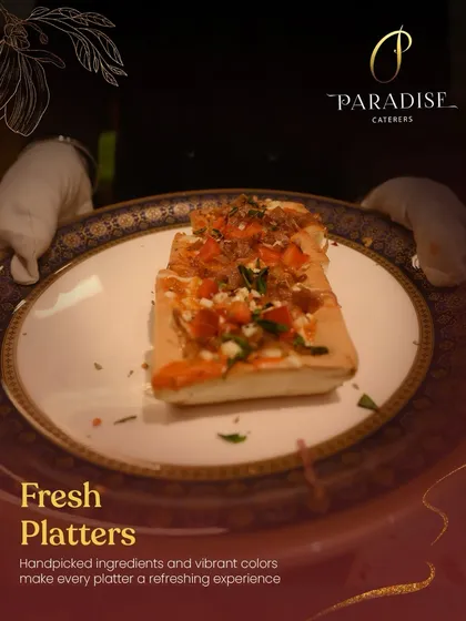 Fresh platters for a refreshing experience. This flatbread pizza with handpicked ingredients and vibrant colors is served on a royal plate.