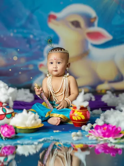 Little Krishna vibes and endless celebrations! This adorable baby looks so serene and divine in our special Janmashtami mini session setup.