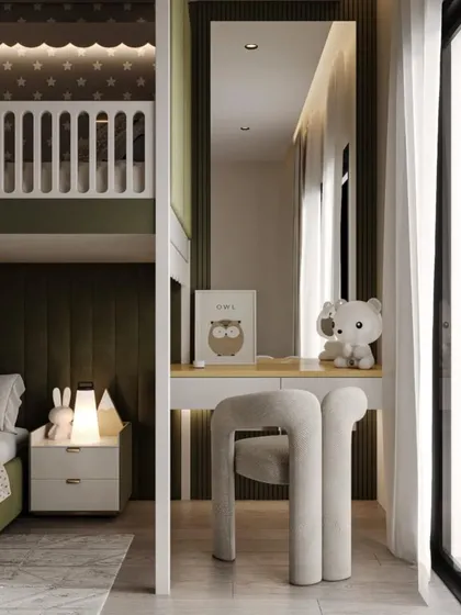 A detail shot of the vanity or study nook next to the bunk bed, featuring a modern chair and a large mirror, making the room functional for a growing child.