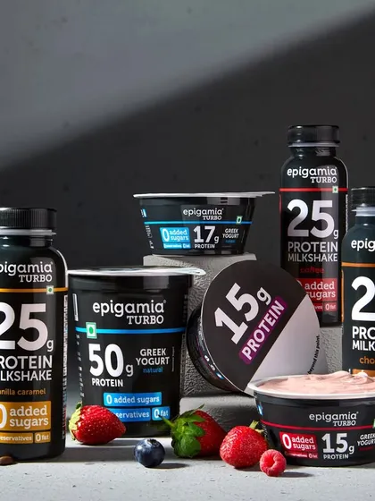 This group shot for Epigamia's Turbo protein range was designed to display the entire product line in one powerful image. The goal was to create a strong, cohesive look that communicates health and energy, using moody lighting and a concrete-textured setup.
