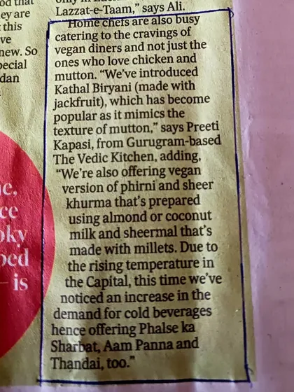 A close-up of the newspaper article where I discuss the rising demand for vegan options during festivals. I talk about offering vegan Phirni, Sheermal, and refreshing summer drinks.