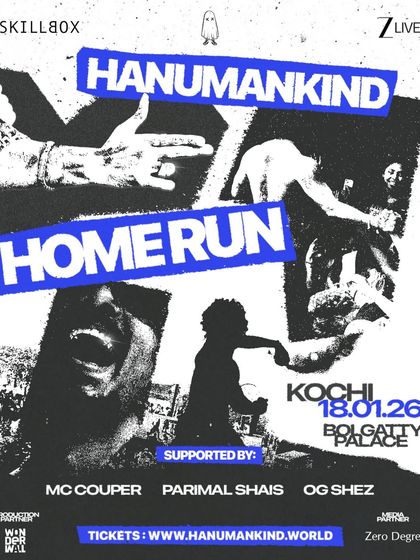 The official poster for the Hanumankind show in Kochi, listing the full support lineup. Our posters serve as a complete guide to the night's events.