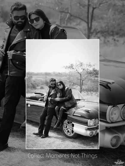 A creative, multi-layered black and white image of the couple with a vintage car, giving the photo an edgy, editorial feel.