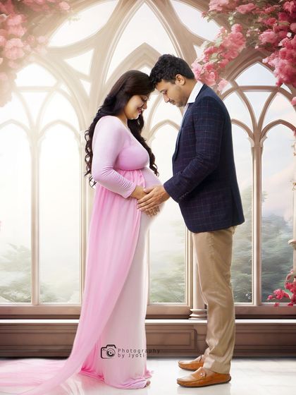 A romantic couple's maternity photo set against a beautiful, digitally illustrated window with floral accents. This style combines real emotion with a fantasy setting.