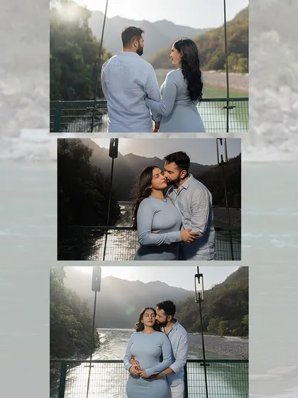 A series of romantic moments on a suspension bridge over the river. From stolen kisses to looking out at the view together, this collage captures the essence of a mountain romance.