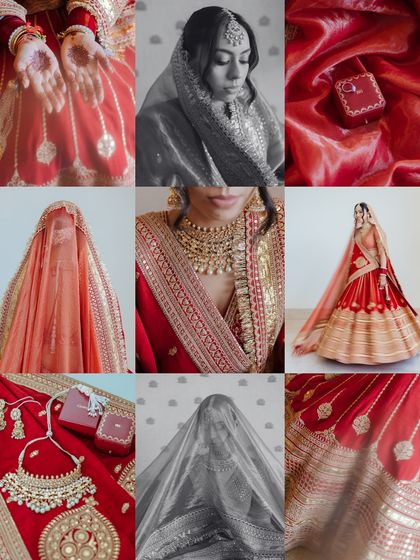 A collage of a Sabyasachi bride, showcasing her classic red lehenga, heirloom jewelry, and timeless elegance.