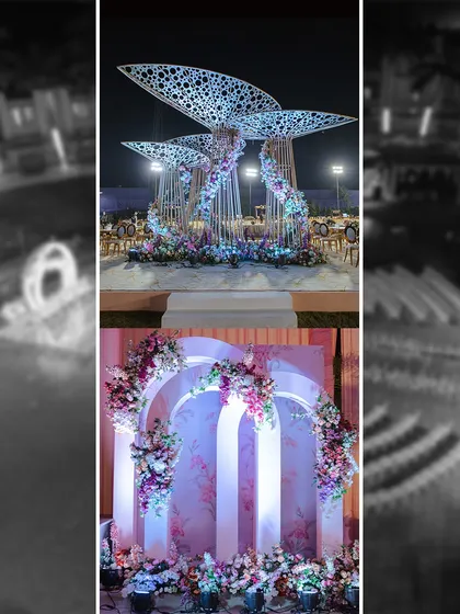 A glimpse into the variety of modern decor structures I can create. This includes a futuristic canopy with intricate patterns and a set of elegant, backlit arches, both adorned with beautiful floral arrangements.
