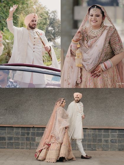A collage capturing the essence of their wedding day. The bride's pastel lehenga and the groom's classic ivory sherwani create a picture of modern elegance and coordinated grace.