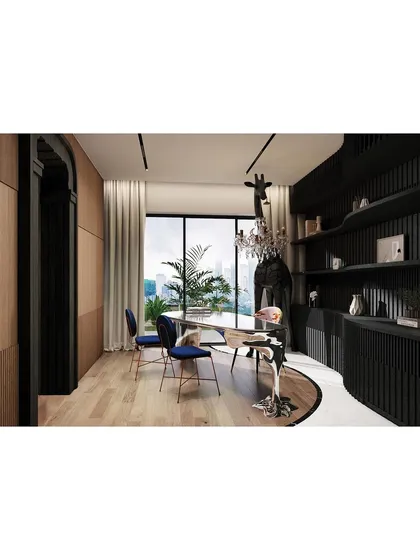 A full view of the office, where luxury and whimsy meet. The space is designed to inspire creativity and make a bold statement.