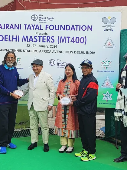 Prize distribution ceremony at the Delhi Masters (MT400) held at the R.K. Khanna Tennis Stadium. We facilitate top-tier events for the masters tennis circuit.