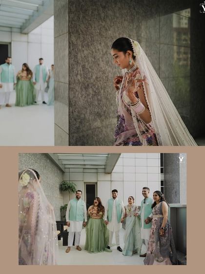 A first look with family watching on. This collage captures the bride's walk towards her loved ones, their happy reactions, and the emotional significance of the moment.