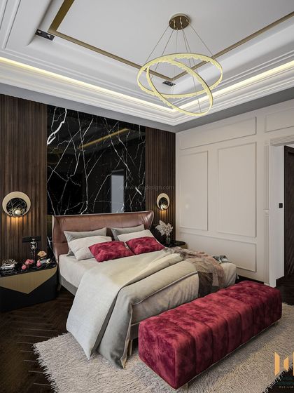 A different angle of the luxurious master bedroom, showcasing the Victorian beading on the walls and the heavy, layered ceiling design.