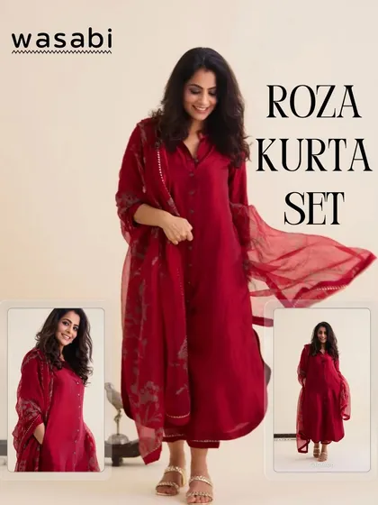 The Roza Kurta Set in this stunning Valentine Red is crafted from pure silk. It features delicate hand-embroidered collars and comes with a matching dupatta for a complete, graceful festive look.